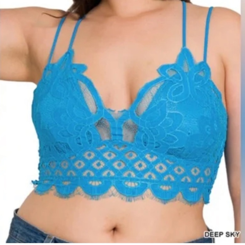 Zenana Crochet Lace Bralette Bra Brami CropTop, Deep Sky (turquoise blue) NWT